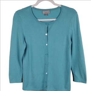 Amber Sun Teal Silk Blend Scoop Neck Button Front Long Sleeve Cardigan Sweater